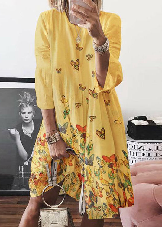 Blue Summer Bohemian Dress O Mid Print Neck Butterfly Cotton