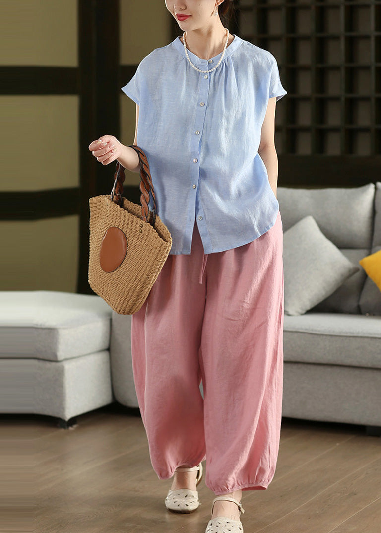 Linen Blouse Blue Oversized Bohemian Summer Tops