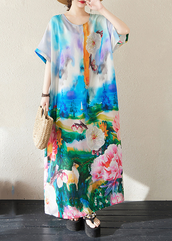 Blue Summer Cotton Maxi Dresses Oversized Bohemian Tie Dye