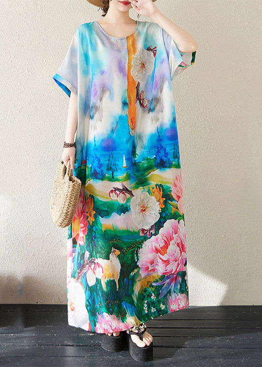 Blue Summer Cotton Maxi Dresses Oversized Bohemian Tie Dye
