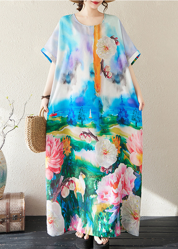 Blue Summer Cotton Maxi Dresses Oversized Bohemian Tie Dye