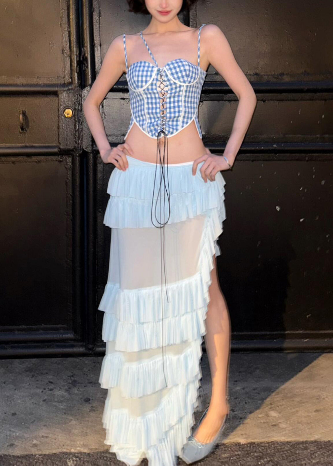 Bohemian Ruffled Blue White And Two Plaid Skirts Cotton Tank