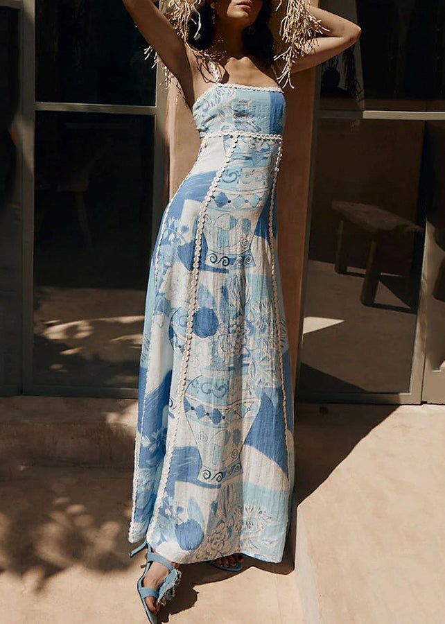 Summer Spaghetti Print Patchwork Strap Long Dress Bohemian Blue