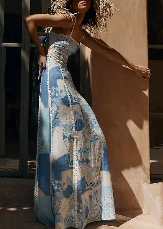 Summer Spaghetti Print Patchwork Strap Long Dress Bohemian Blue