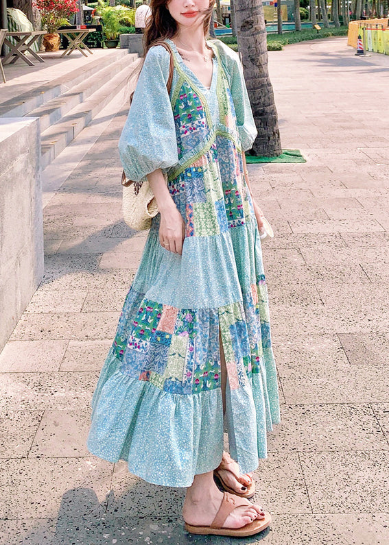 Blue Side Cotton Dresses Half Open Bohemian Maxi Print Patchwork