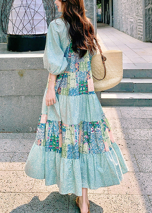 Blue Side Cotton Dresses Half Open Bohemian Maxi Print Patchwork