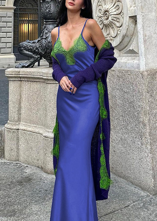 Patchwork Blue Dress V Spaghetti Strap Bohemian Lace Neck