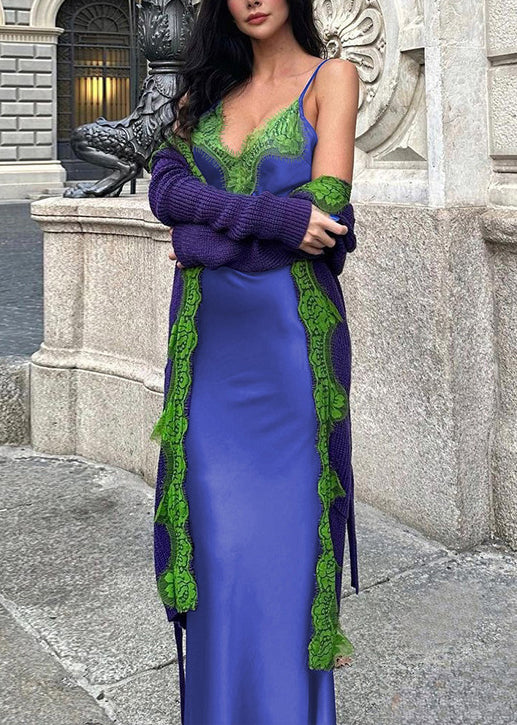 Patchwork Blue Dress V Spaghetti Strap Bohemian Lace Neck