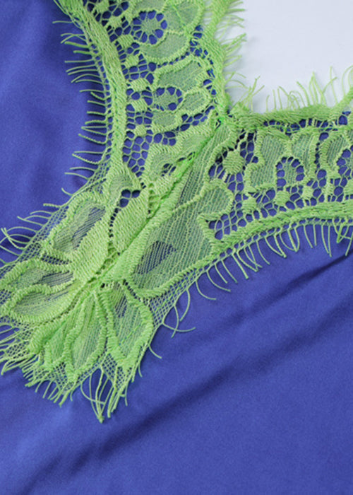 Patchwork Blue Dress V Spaghetti Strap Bohemian Lace Neck