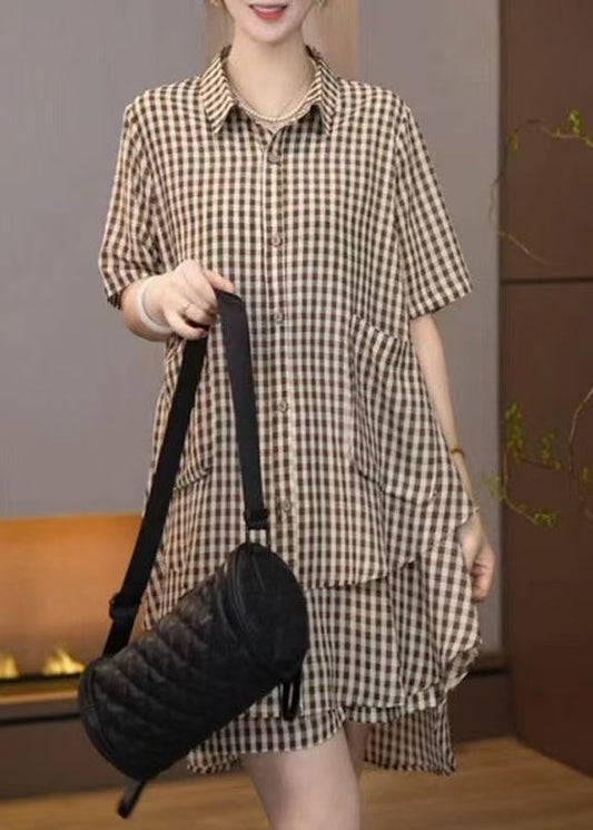 Plaid Summer Brown Oversized Bohemian Pieces Two Cotton Set