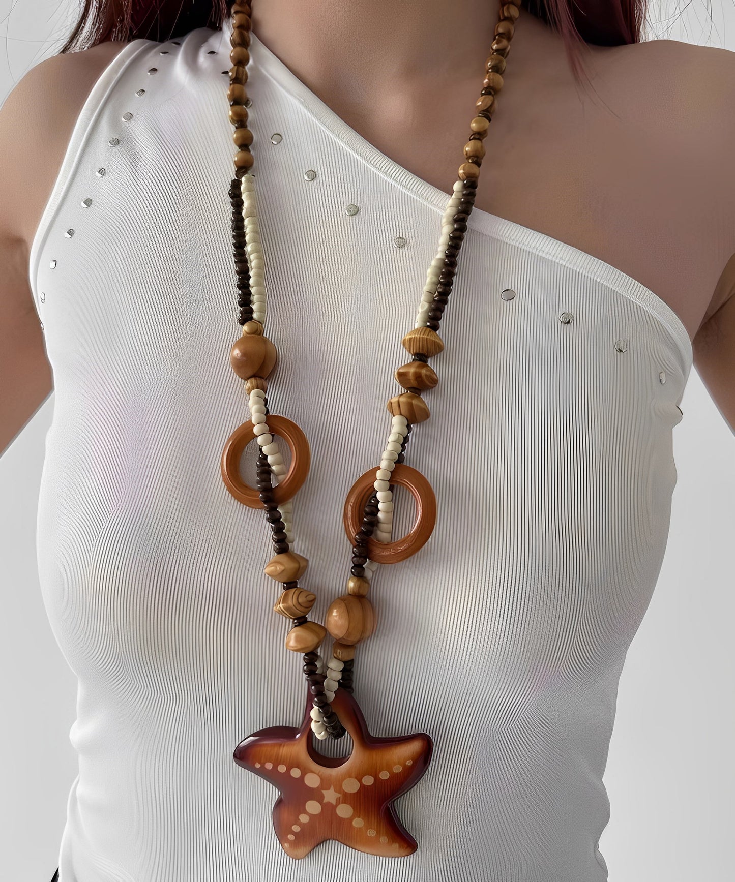 Brown Bohemian Woodiness Starfish Necklace Pendant Beads