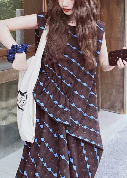 Line Print A Oversized Bohemian Dress Cotton Sleeveless Chocolate