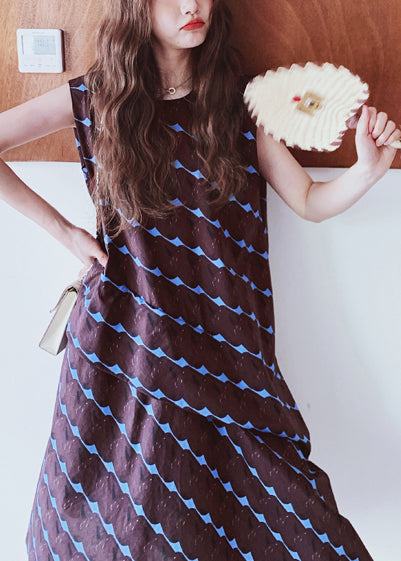 Line Print A Oversized Bohemian Dress Cotton Sleeveless Chocolate