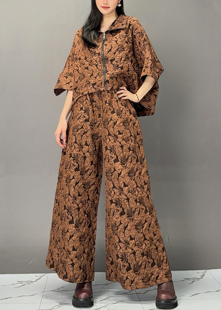 Bohemian Chocolate Print Zippered Top And Wide Leg Pants Two Piece Set Fall