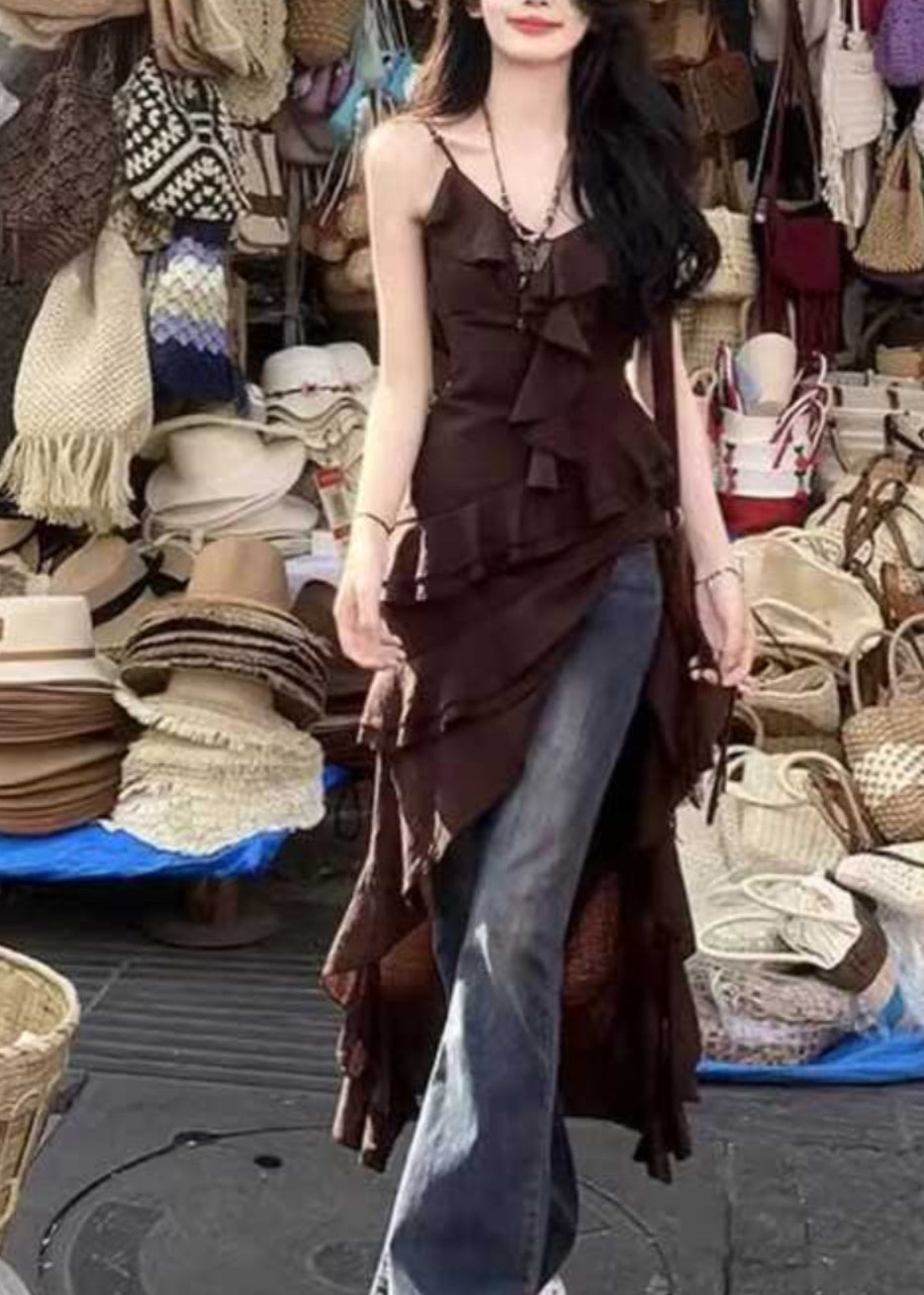 Bohemian Chocolate V Neck Asymmetrical Ruffled Spaghetti Strap Dress Summer UU1026