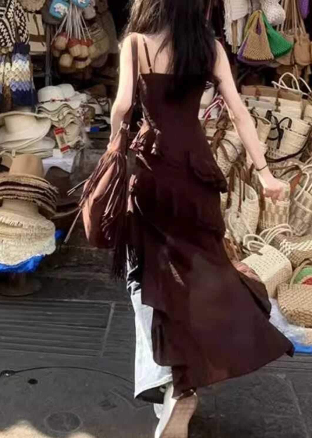 Bohemian Chocolate V Neck Asymmetrical Ruffled Spaghetti Strap Dress Summer UU1026