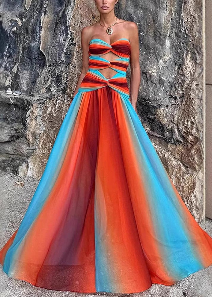 Bohemian Strapless Color Exra Gradient Large Chiffon Hem Dress