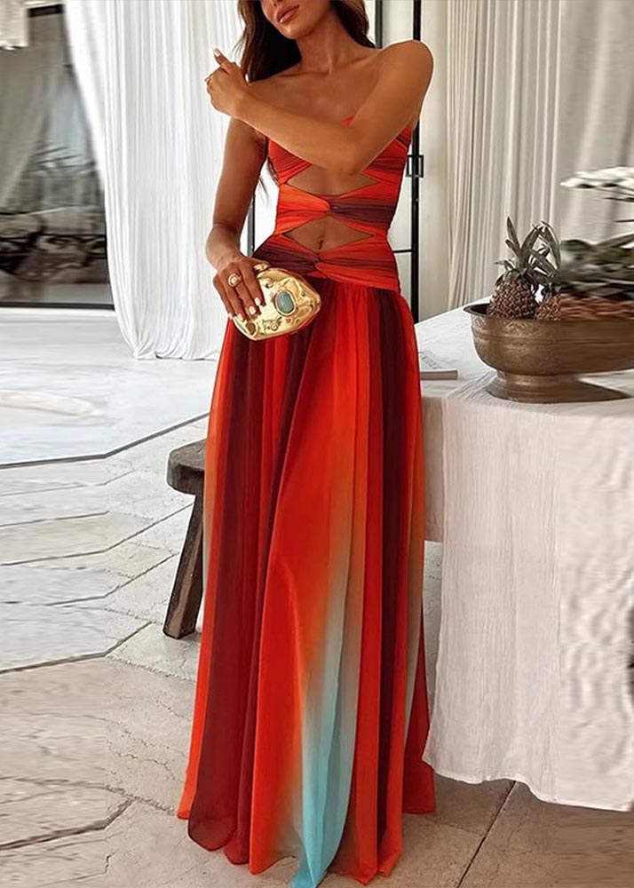 Bohemian Strapless Color Exra Gradient Large Chiffon Hem Dress