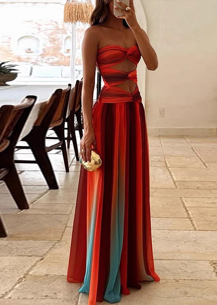 Bohemian Strapless Color Exra Gradient Large Chiffon Hem Dress