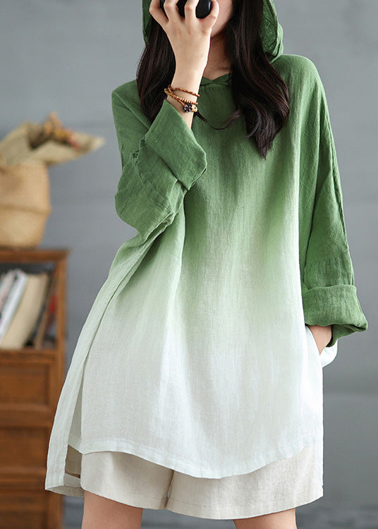 Bohemian Green Loose Sweatshirts Gradient Spring Hooded Linen