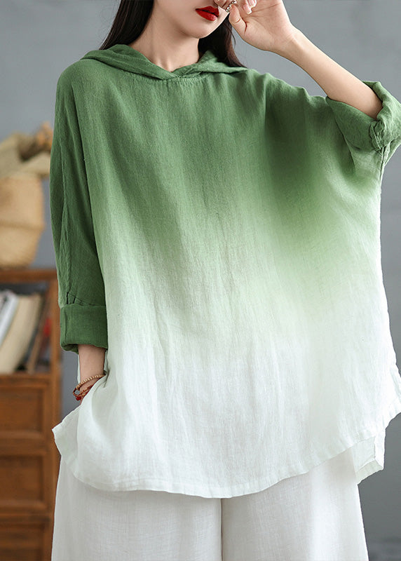 Bohemian Green Loose Sweatshirts Gradient Spring Hooded Linen