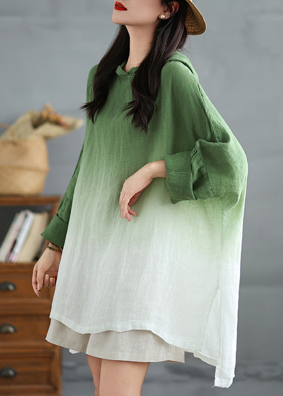 Bohemian Green Loose Sweatshirts Gradient Spring Hooded Linen