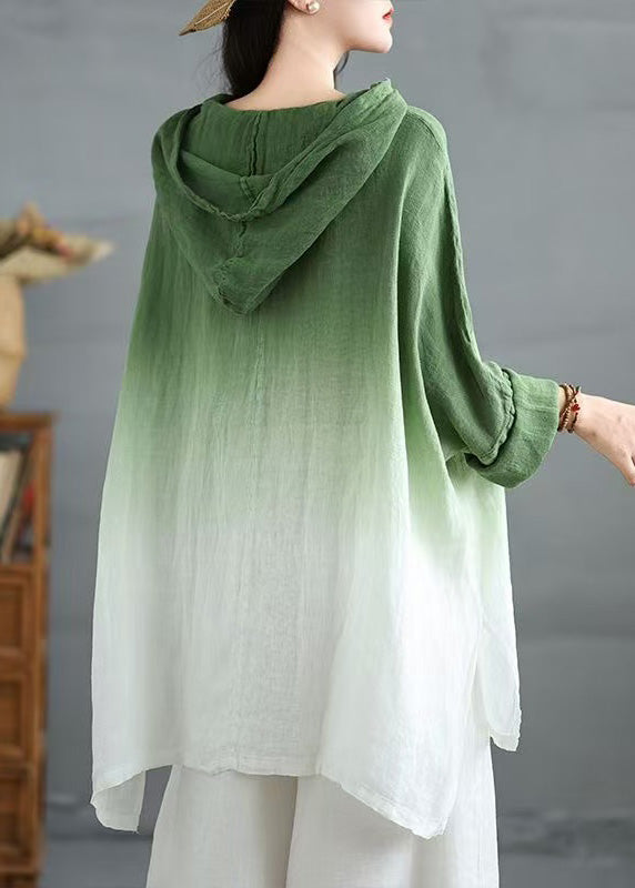 Bohemian Green Loose Sweatshirts Gradient Spring Hooded Linen