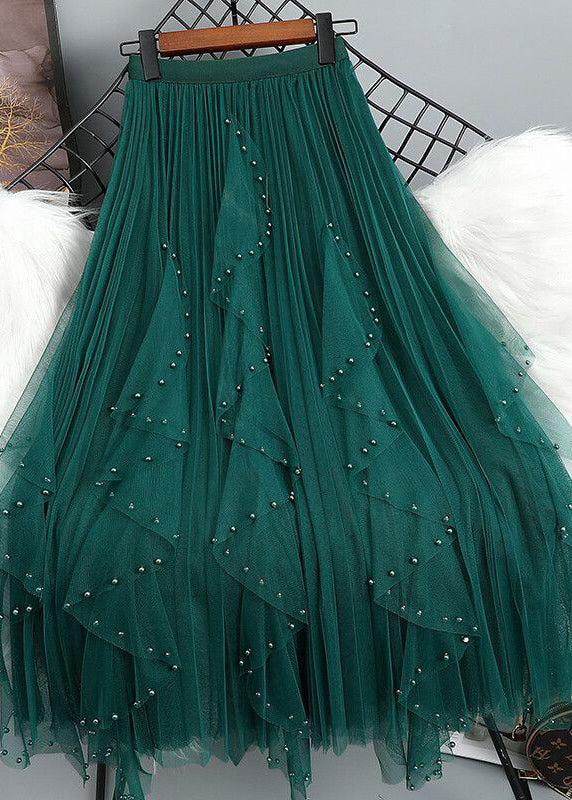 Bohemian Maxi Nail Bead Waist Tulle Patchwork Elastic Skirt Green