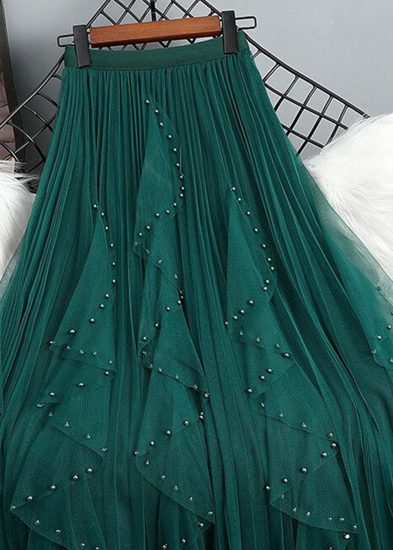 Bohemian Maxi Nail Bead Waist Tulle Patchwork Elastic Skirt Green