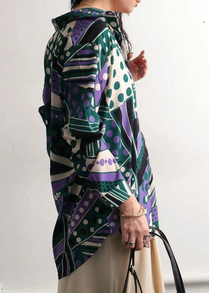 Bohemian Green Oversized Fall Top Print Shirt Chiffon