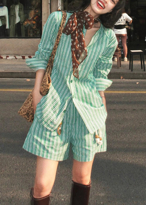 Bohemian Pan Striped Collar Green Summer Set Pieces Two Peter And Shirts Shorts