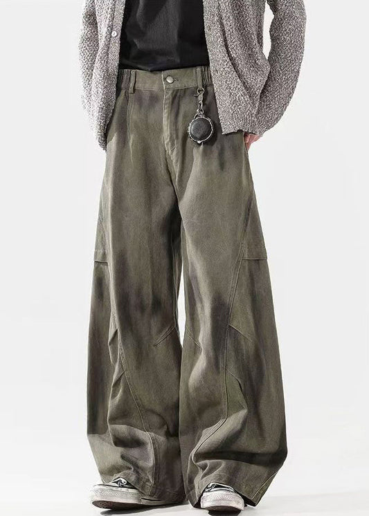 Green Bohemian Tie Dye Waist Wrinkled Pants Cotton Elastic Men