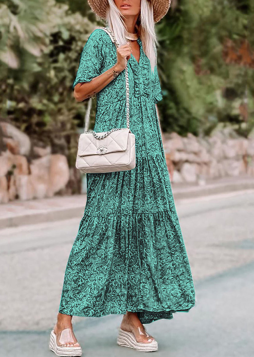 V Print Bohemian Dress Neck Long Green Sleev Short