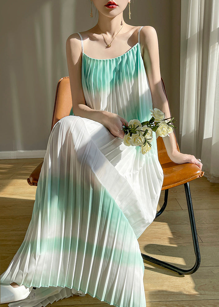 Bohemian Green Wrinkled Cotton Spaghetti Strap Dress Sleeveless AB1016