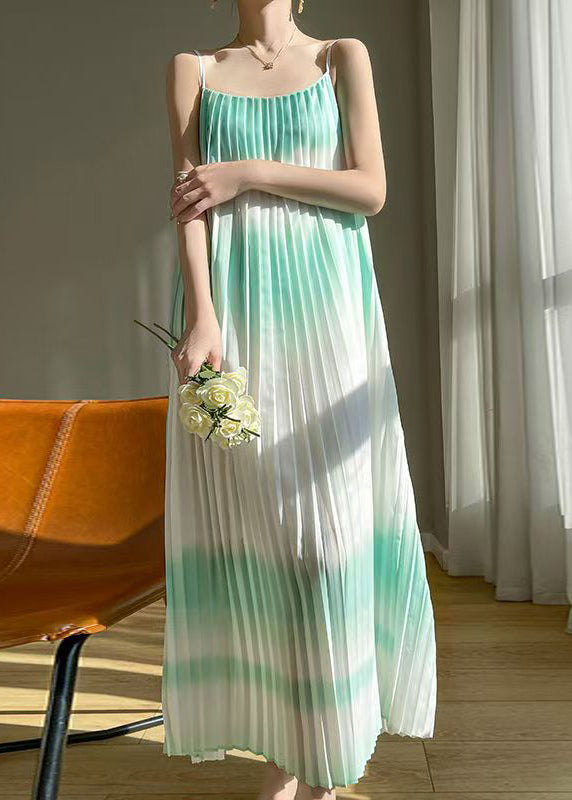 Bohemian Green Wrinkled Cotton Spaghetti Strap Dress Sleeveless AB1016