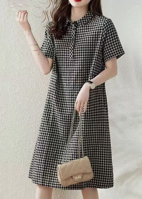 Plaid Peter Summer Dress Bohemian Vacation Linen Collar Grey Pan