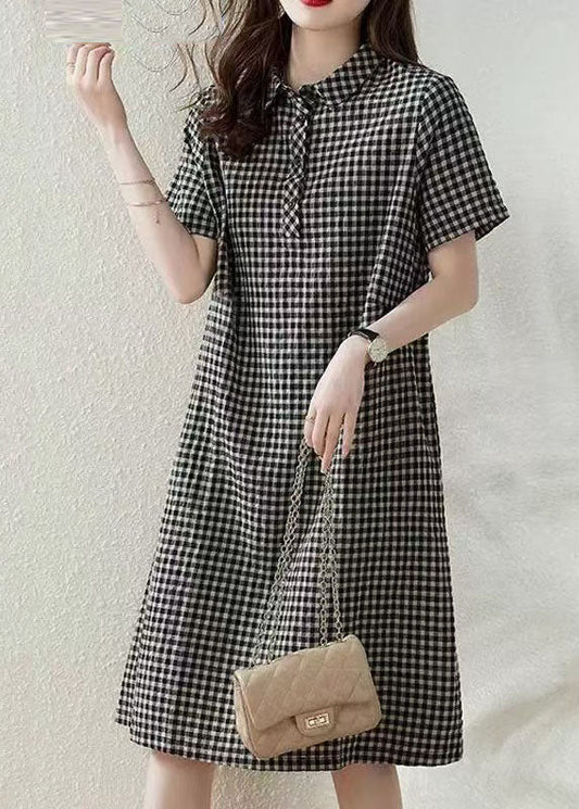 Plaid Peter Summer Dress Bohemian Vacation Linen Collar Grey Pan