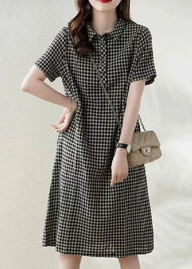 Plaid Peter Summer Dress Bohemian Vacation Linen Collar Grey Pan