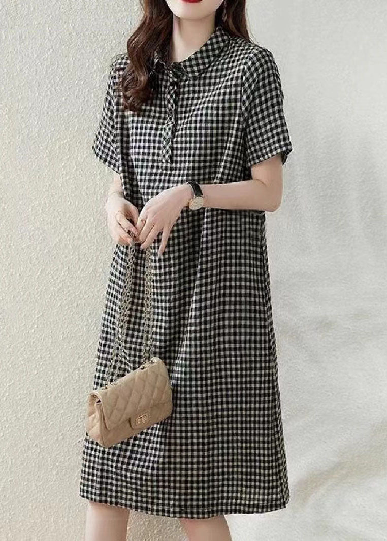 Plaid Peter Summer Dress Bohemian Vacation Linen Collar Grey Pan