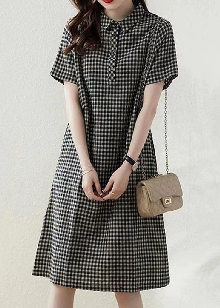 Plaid Peter Summer Dress Bohemian Vacation Linen Collar Grey Pan