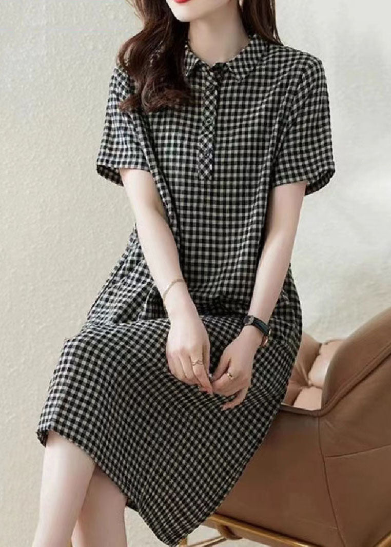 Plaid Peter Summer Dress Bohemian Vacation Linen Collar Grey Pan