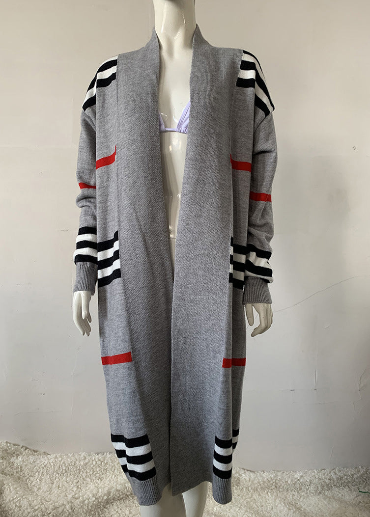 Bohemian Grey V Neck Striped Knit Cardigan Fall QY010