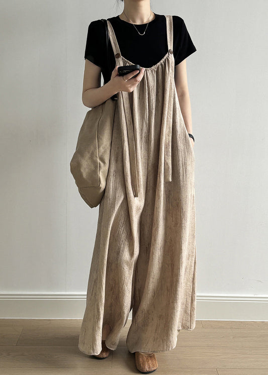 Khaki Solid Pockets Summer Bohemian Jumpsuits Light