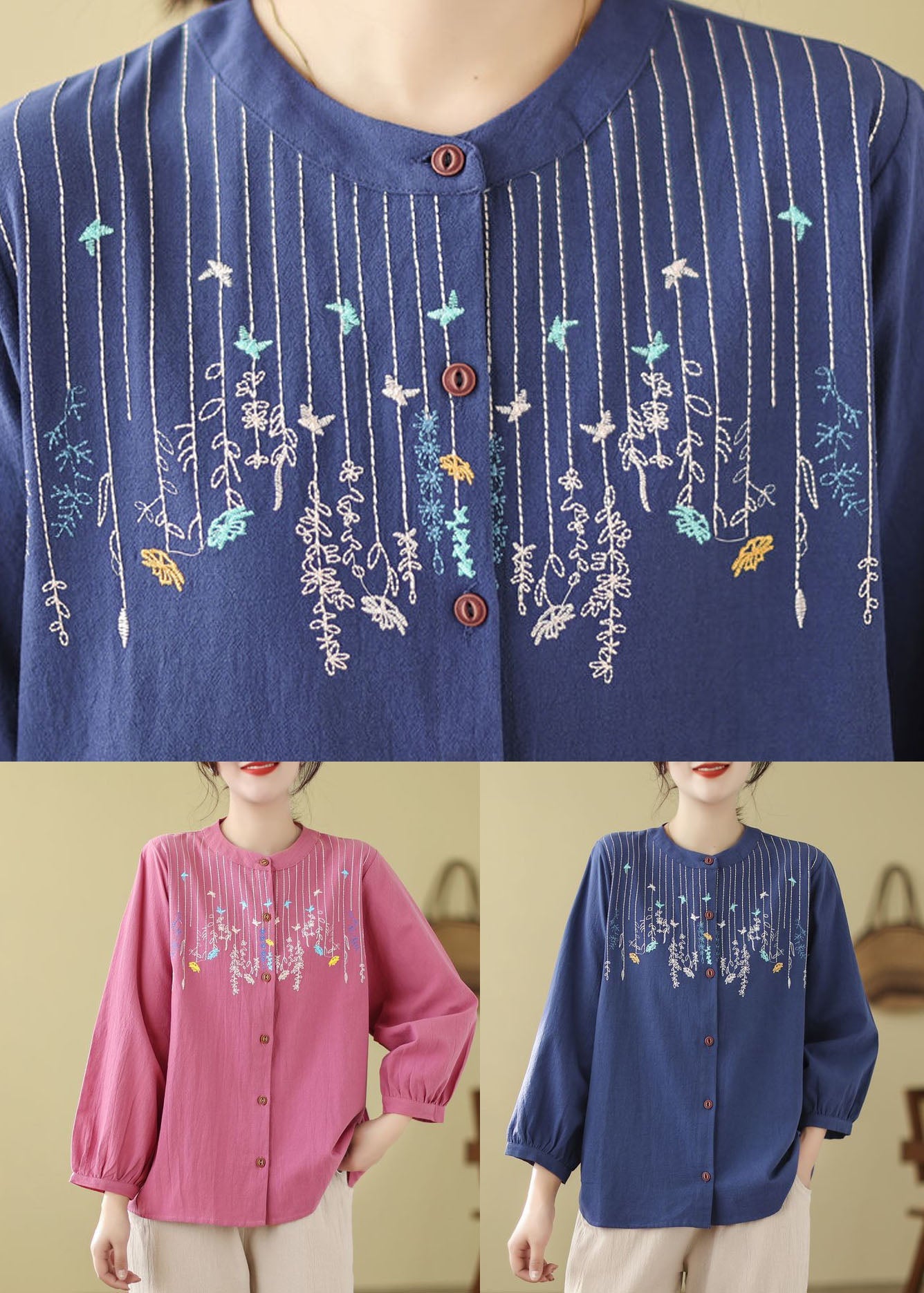 Bohemian Loose Blue Embroidered Linen Blouses Long Sleeve FF019