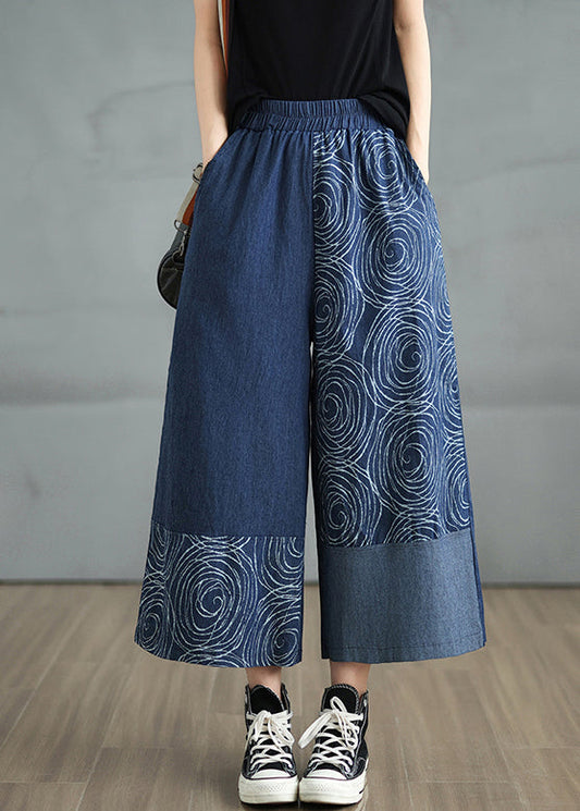 Denim Print Pants Asymmetrical Bohemian Navy Summer