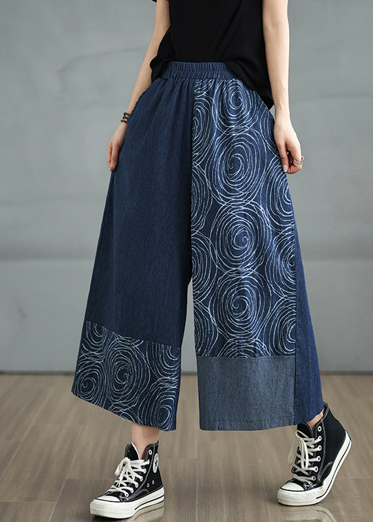 Denim Print Pants Asymmetrical Bohemian Navy Summer