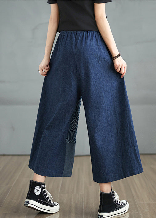 Denim Print Pants Asymmetrical Bohemian Navy Summer