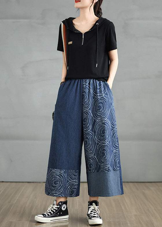 Denim Print Pants Asymmetrical Bohemian Navy Summer