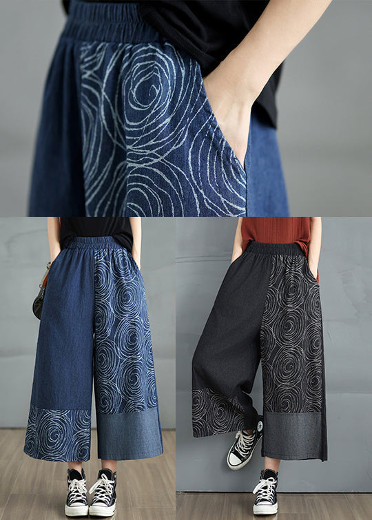 Denim Print Pants Asymmetrical Bohemian Navy Summer