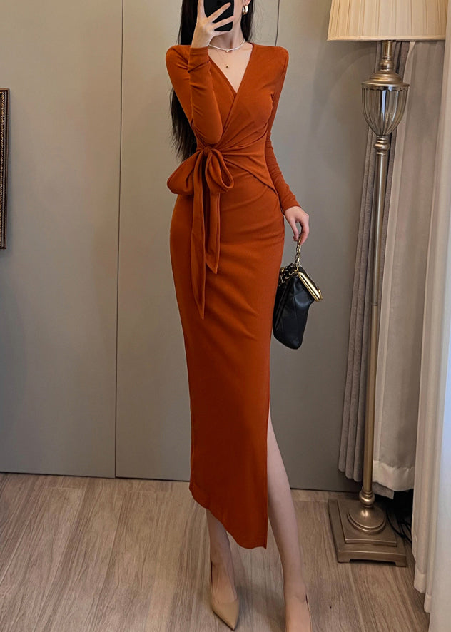 Open Tie Dress Side Bohemian Orange Waist Long Knit